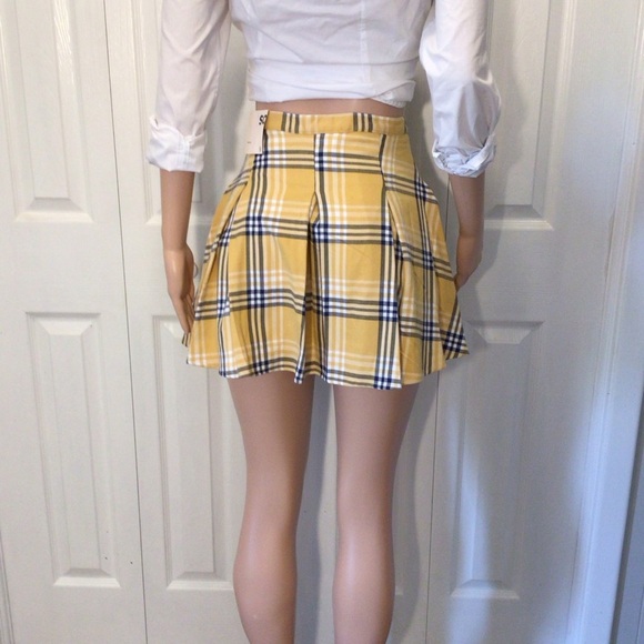 SO Juniors Gold/Navy Blue Plaid High Rise Pleated Flare Mini Skirt - Picture 4 of 8